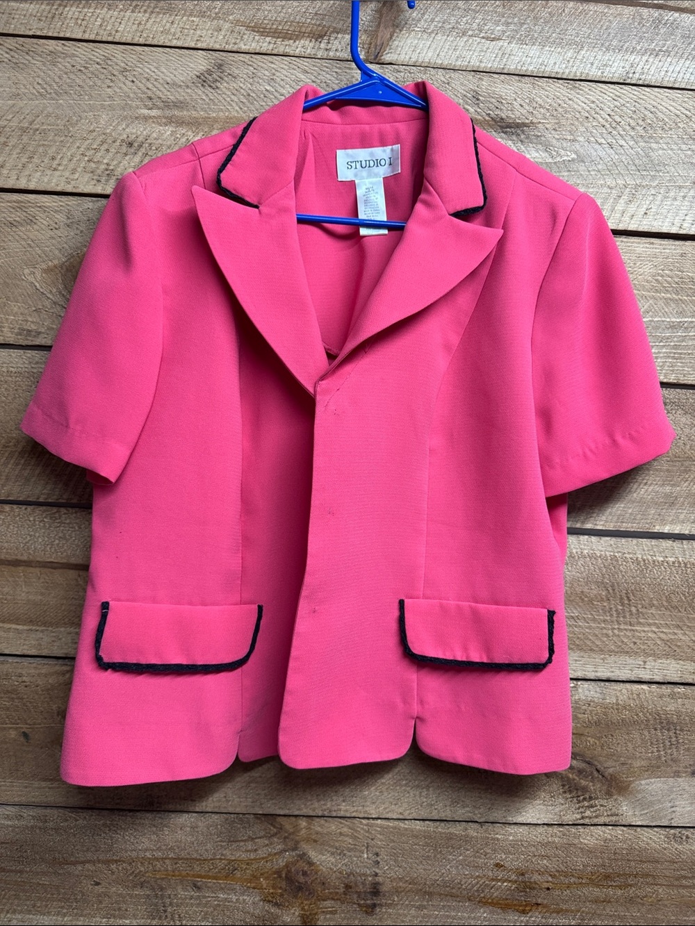 Studio I Short-Sleeve Pink Blazer with Black Trim